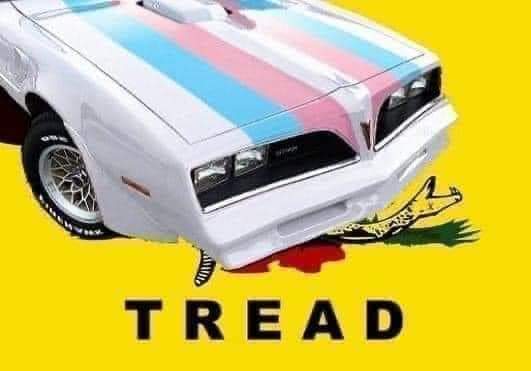 Variation of the "Don't Tread On Me" logo. A muscle car with its hood painted in the style of the Transgender Flag is running over a snake. Text at bottom of the image says "Tread"