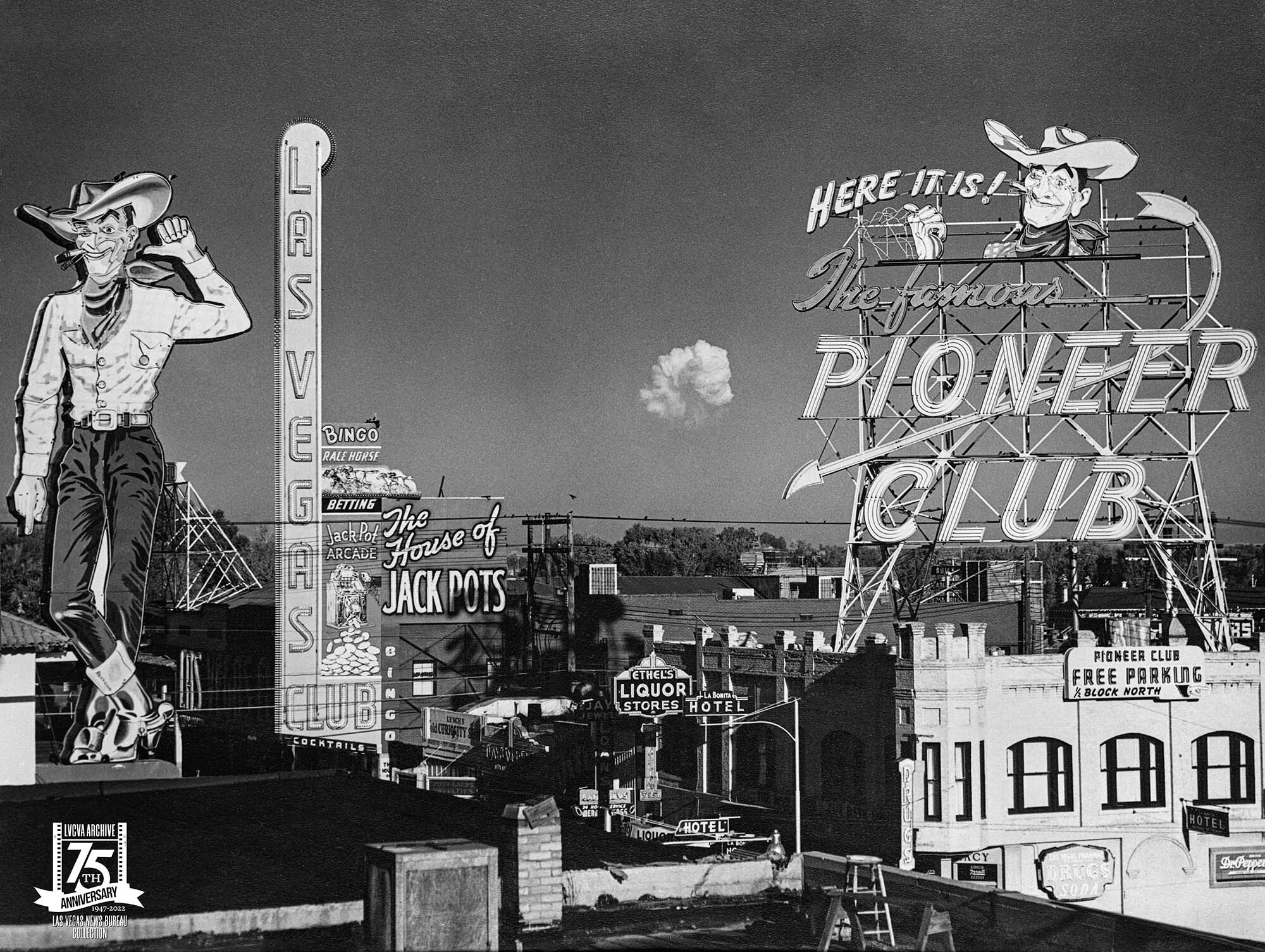 The atomic mushroom cloud from The Priscilla Test, part of Operation Plumbbob, raised over Fremont Street on June 24, 1957.