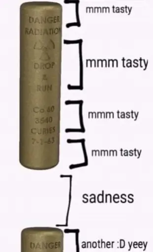Inanimate cobalt rod saying it's tasty, gets eaten, then another one comes yay