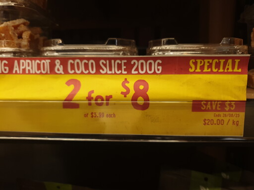 sale price for some confectionery, says "2 for $8", then in fine print "$3.99 each". then "save $3" ...