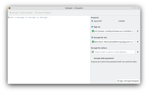 Kleopatra, displaying it is new separate notepad feature.