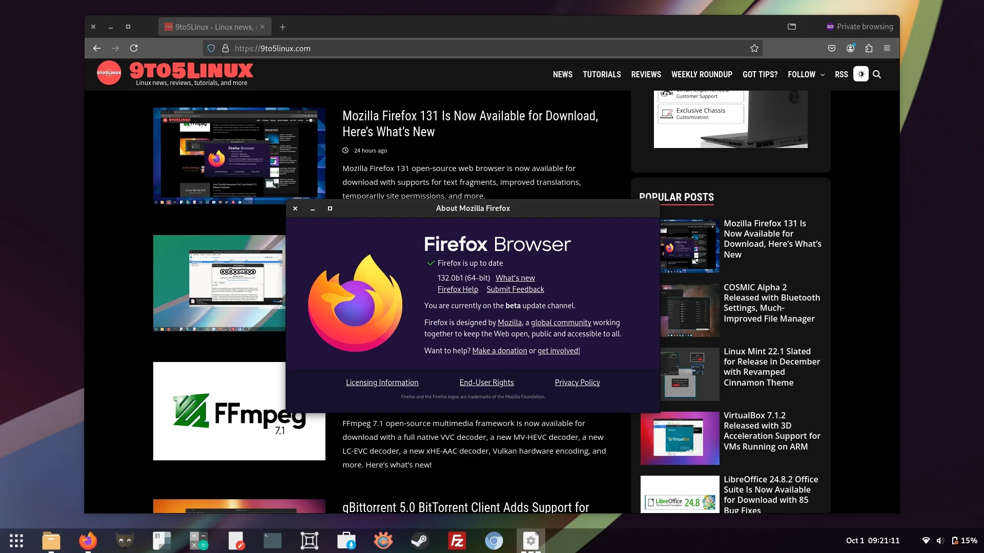 Screenshot of Firefox 132 beta showing the front page of the 9to5linux.com website and the About Mozilla Firefox dialog.