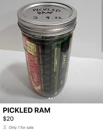 image of pickled RAM for sale. sticks of RAM encased in a mason jar. $20, only 1 for sale