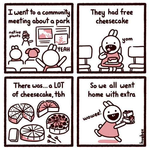 A four panel comic in brown, pink, and white about going to a meeting about a park and getting free cheesecake